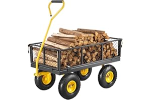 VEVOR Carrello da giardino robusto, trasporto 226,80 kg, carrello utility tracciabile esterno in metallo con pneumatici 254 mm, lati rimovibili maglia regolabile, manico rotativo 180°