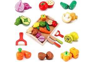CARLORBO Wooden Toys Food for Kids Kitchen - Play Food Cutting Fruits and Vegetables Set for Pretend Role Play, Learning Toys Gift for Kids 3 Years up