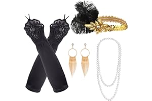 FEPITO 1920er Jahre Zubehör Set Flapper Stirnband Halskette Ohrringe Lange Schwarze Handschuhe Boa Zigarettenspitze Great Gatsby Thema Party Zubehör für Fraue