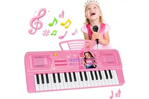 QIQUBOX Infantil Piano Teclado 37 Teclas con Microfono y Atril – Portátil Juguete Musical para 3 4 5 6 Años Principiante Niños y Niñas, Regalos Navidad Cumpleaños, Rosa