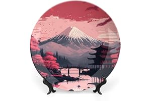 GOKAYS Decorative Plates for Wall Hanging, Japan Snow Mountain And Red Trees Vintage Painting Ceramic Plate, Wobble-Plate with Display Stand, Home Decor for Kitchen Cabinets, Farmhouse Round Tray 15 CM