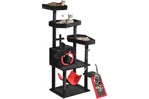 YITAHOME Gothic XL Cat Tree, 160 cm Tall, Stable Cat Tree for Large Cats with 4 Sisal Posts, 1 Scratching Board, 1 Hammock, 2 Spider Hanging Balls, Coffin Bed Platforms, Halloween for Cats, Black