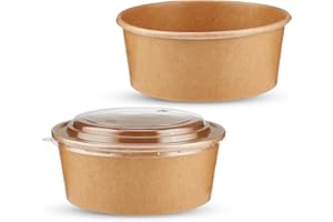CHEF ROYALE 50x 750ml Kraft Salad Paper Bowls with Lids -Takeaway Bowls for Hot/Cold Food - Leakproof Soup Containers - Carboard Packaging