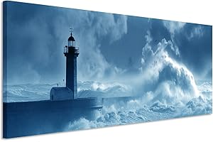 Sinus Art Tableau mural panoramique, bleu pétrole, 150 x 50 cm, de très haute qualité sur toile véritable – Phare dans une tempête au Portugal