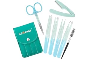 GEMERRY Tweezers Set 7Pcs for Facial Hair Women - Precision Tweezers Set with Travel Case - Stainless Steel Tweezers for Eyebrows with Scissors, Razor for Ingrown Hair (Blue)
