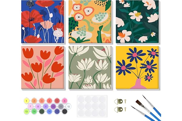 Lxmsja Måla efter siffror för vuxna, Färgglada Maffiga Blomstermönster och Tulpaner 6-pack Måla efter nummer Kit, DIY Akrylmålning Hem Väggdekor, 20x20cm