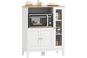 HOMCOM Mobile Microonde con Piano per Elettrodomestici, Armadietti e Anta in Vetro, Credenza Cucina con Ripiani Regolabili, Foro Passacavi e Gambe in Pino, per Cucina, Soggiorno, 80x35x97cm, Bianco