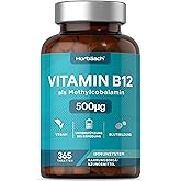 Vitamin B12 Tabletten 500µg | 1 Jahr Vorrat - 365 Vegane Stück | Hochdosiert Reines Methylcobalamin Supplement | von Horbaach