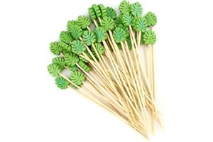 THKO 100 Pcs Pique Aperitif, Brochettes Cocktai Bâtons de Cocktail Bois Cure-Dents Pic Brochette, Bois Pique Brochette Decoration Cocktail pour Cocktail Boissons Fruit Desserts - 12cm Feuille Verte