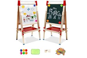 ‎NUKIED Kindertafel aus Holz mit Papierrolle Doppelseitige Whiteboard und Tafel Kinder Staffelei mit Zahlen und Anderem Zubehör für Kinder und Kleinkinder (T04)