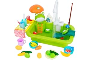 FORROBY 2 in 1Ensemble évier de Cuisine avec Robinet d'eau Chaude, Système de Recyclage de l'eau, Jouets de pêche Flottants de Piscine pour Jouer à l'eau pour Enfants à Partir de 3 Ans