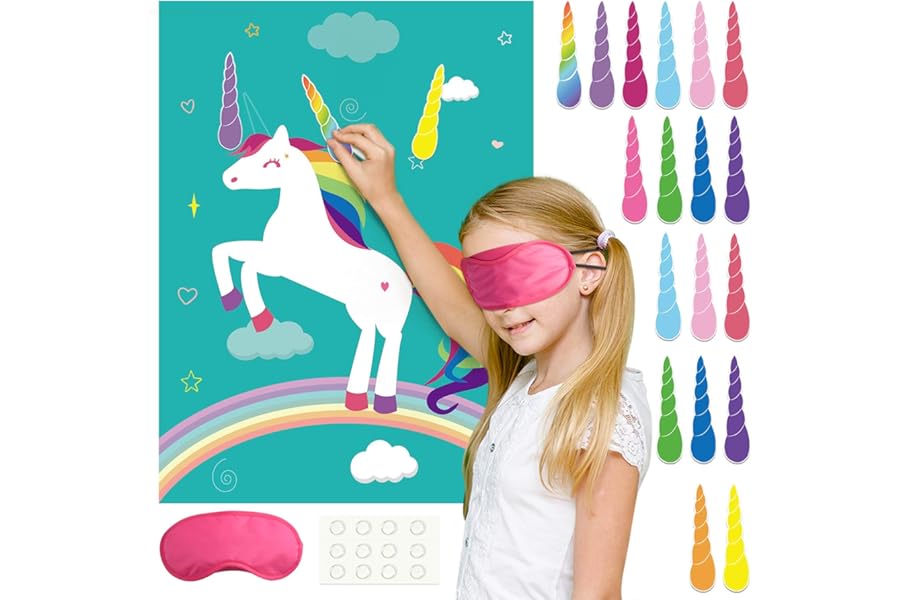 FEPITO Pin The Horn on Unicorn-game for Kids Birthday Party Game with 24 Horn Stickers Birthday Poster for Kids Unicorn-Birthday Girls Rainbow Party Favors Supplies Decoration Home Wall Decor Backdrop