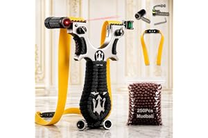 SLINGSTER® Alloy Trident Laser Slingshot with Yellow 0.75mm Thick Rubber Band and 250 Mud Balls | Ergonomic Metal Frame with Laser & Level for Recreational Learning