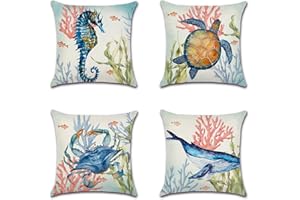 Artscope Set di 4 Impermeabile Federe Copricuscini Decorativi Quadrate Fodere per Patio Giardino Soggiorno Fattoria Fodera per Cuscini da Esterno45x45cm, Vita Marina e Corallo Rosa