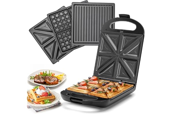 Taylor Swoden Bruno - 3 en 1 : appareil à sandwich, gaufrier, gril. 1200W, 0% BPA. Peut contenir 4 sandwichs, plaques antiadhésives, retournement à 180° pour une cuisson rapide et uniforme.