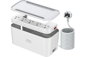 PEGANT 3-in-1 Power Extension Cord and Cable Management Box, 5 Universal Outlets 3 USB 2M Cable Power Strip, Elegant Organizer Box for Child & Pet Protection and Stylish Desktop