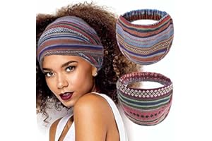 Fashband - Paquete de 2 diademas anchas, bohemias, vintage, con estampado de flores, elásticas, antideslizantes, accesorio para que mujeres y niñas se recojan el cabello al hacer yoga