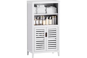 HITNET Mobiletto portaoggetti da pavimento per bagno, scaffale organizzatore da cucina indipendente in bambù con due ante e 2 ripiani rimovibili, bianco