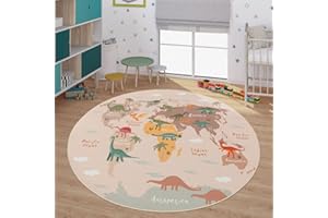 TT Home Alfombra Habitación Infantil De Juego Coches Infantil Animal Antideslizante, Color:VerdeBeigeMarron, Tamaño:200 cm Redondo