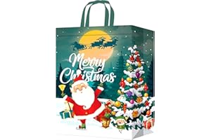 VOLSHA 1 Pack Christmas Tote Bag, Extra Large Reusable Grocery Bag with Handle, Present Bag, Shopping Bag for Holiday Xmas Event Party (Green)
