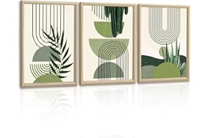 FAJERMINART 3 Pcs En bois Cadre Moderne Esthétique Vert Plante Tableau Décoration Murale Salon Impression sur Toile Boho Image sur Toile Peintures sur Toile Décoration Murale pour Chambre Maison Bain 40x60cmx3