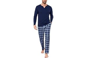 Bresdk Pigiama Uomo Invernale Cotone Lungo Pigiami Caldo Cotone Due Pezzi Maniche Lunghe e Pantaloni Lunghi a Quadri con Tasche Loungewear per Casa S-3XL
