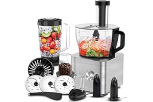 SNDOAS Robot Cuisine Multifonctions, 1100 W Robot Culinaire, Bol Mélangeur 3.2 L, Hachoir Multifonction, Mixeur 1.5 L, Moulin à café, Argent