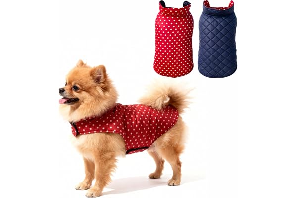 JoyDaog Winter Dog Jacket Reversible Cloth 14 Inch (XS) Red Polka Dot Pattern, Ultra Soft Fleece Inside, Easy Velcro Fit for Small Breeds