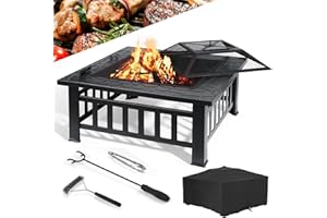 LIFERUN Garden Fire Pit with Grill 32 Inch, Square Metal Outdoor Wood Burning Square Fire Pit Table with Spark Protector Screen, Grate, Waterproof Cover, Coal Grid, Poker, Grill Tong and Brush for Garde