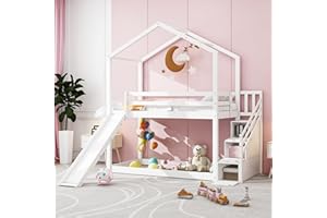 ‎FEZTOY FEZTOY Kinder Bett mit Rutsche, Hausbett 90x200, Etagenbett für Kinder, Hochbett Baumhaus mit Stauraum Treppe und 1 Lattenrost, Kinderbetten, Spielbett, Jugendbett, ohne matratze (weiß-Schließfächer)