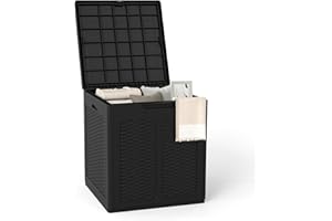 COSTWAY Garden Storage Box, Waterproof Plastic Deck Box with Handles & Lockable Lid, Outdoor Storage Bin Furniture Organizer for Cushion Tool Toy (Rattan Pattern, 56 x 56 x 60.5cm, Black)