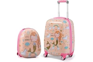 Maxmass 2PCS Kids Luggage Set, 18" Hard Shell Children Suitcase with 12’’ Backpack, Girls Boys Trolley Case for School Travel (Mermaid, Pink)