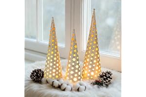 Sziqiqi Soportes para Velas Árbol de Navidad: Set de 3 Árboles Blanco Vintage 28cm con Velas LED - Decoración Navideña de Metal para Mesa Centro de Mesa Mantel de Chimenea