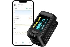 HealthTree Pulsossimetro da Dito, Monitor Bluetooth della Saturazione dell'Ossigeno nel Sangue, Monitor della Frequenza Cardiaca per Apple e Android, con Schermo OLED, 2 batterie AAA e Cordino