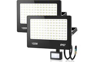 HAPYLUMI 2 Piezas 100W Foco LED con Sensor Movimiento, 10000LM Focos LED Exterior, IP67 Impermeable Luz LED Exterior con Sensor de Movimiento 6500K Iluminación de Seguridad para Jardín Patio Terraza