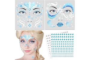 DPKOW Frozen Face Tattoos Princess Elsa Dress Up Accessories Frozen Temporary Tattoos Snowflake Face Tattoos Face Gems for Women Girls Frozen Make-up Accessories Costume Elsa Face Stickers, Blue White