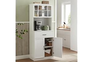 VASAGLE Buffet Haut Cuisine, Meuble de Rangement, Garde-Manger, Vaisselier, avec Portes en Verre et Étagères Réglables, Trou de Passage des Câbles, pour Micro-Ondes, Style Moderne, Blanc LSC361W21