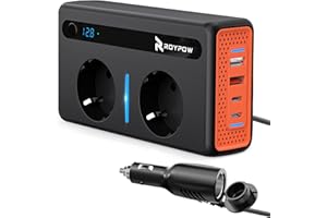 RoyPow Przetwornica napięcia DC na AC, 200 W, 12 V do 230 V, z 2 gniazdami i 4 portami USB, szybkie ładowanie, ładowarka samochodowa z wtyczką do zapalniczki samochodowej