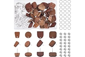 DICOSMETIC 40Pcs 4 Styles Wood Stud Earring Findings Set Coconut Brown Flat Earring Posts with Wooden Stud Earrings with Jump Rings and Ear Nuts for DIY Earring Jewelry Making, Hole: 1.8-2mm
