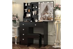 Saimeihome Dressing Table with Sliding Mirror & Stool, Vanity Desk with 6 Drawers 6 Shelves, 3-Color Adjustable Lighting, Black Makeup Vanity for Bedroom 80x36x130cm