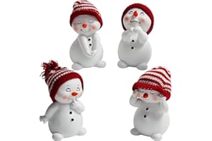 BELLE VOUS Figuras Navideñas Muñecos de Nieve (Pack de 4) 11 cm de Alto - Set de 4 Adornos Navideños - Muñeco de Nieve con Expresiones Variadas y Sombrero Rojo para Decorar en Navidad