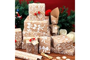 BSEICAL 5 piezas de rollos de papel de regalo navideño, set de papel de regalo navideño, papel de regalo navideño americano, papel para envolver regalos con reno nostálgico, papel kraft natural sostenible
