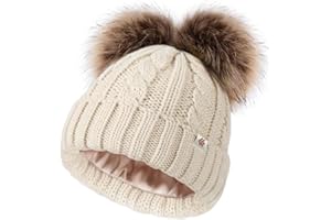 Creekstone Bobble Hat Satin Lined Winter Beanie Hats for Women Girls Warm Knit Hats with Faux Fur Double Pom Pom Ears