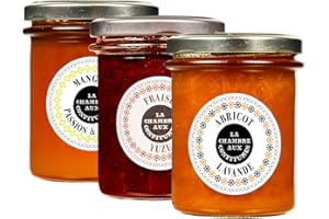 La Chambre aux Confitures, Probierpaket - Frühstück in Paris, Marmelade, Mango-Passionsfrucht mit Vanille, Erdbeere-Yuzu, Aprikosen-Lavendel, aus Frankreich, 3 x 200 g