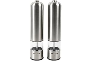 Salter Electric Salt & Pepper Grinder Set - BPA-Free, Spice Mills, One Handed Operation, Battery Powered, 60g Salt Crystals/30g Peppercorns, Brushed Stainless Steel, for Arthritis Hands