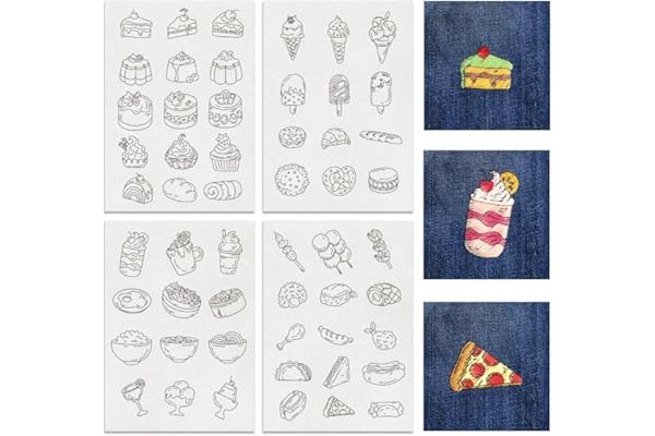 BENECREAT 4 hojas 54 piezas de patrones de bordado solubles en agua, papel de bordado de punto de comida postres estabilizadores solubles en agua para tallados, camisas, abrigos, bolsos, toallas