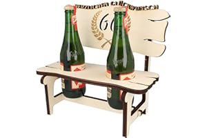 WORTGEFECHTE XXL Echtholz Bierbank mit Gravur Jahreszahl 60|Holzbank für 2 Bierflaschen|Hochzeitsgeschenk für Brautpaar|Geschenke Paare|Geschenk für Pärchen|Geburtstag|Jubiläum|Proseccobank