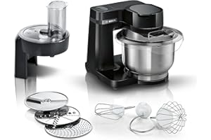 ‎BOSCH Bosch Küchenmaschine Serie 2, kleine Küchenmaschine, Edelstahl-Schüssel 3,8 L, Planetenrührwerk, Knethaken, Schlag-, Rührbesen Edelstahl, Durchlaufschnitzler, 3 Scheiben, 700 W, schwarz, MUMS2EB01