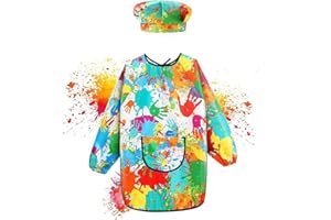 Efymosce Malschürze Kinder, Malkittel für 7-11 Jahre, Wasserdicht Malschürze mit Hut, Ärmeln und Big Taschen für Schule Kunst Malerei Kochen