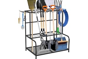 HOCOMAY Garden Tool Storage, 3-Tier Garden Tool Rack with Hooks, Garage Tool Organize, Yard Tool Holder for Lawn, Shed, Garage, Yard and Garden